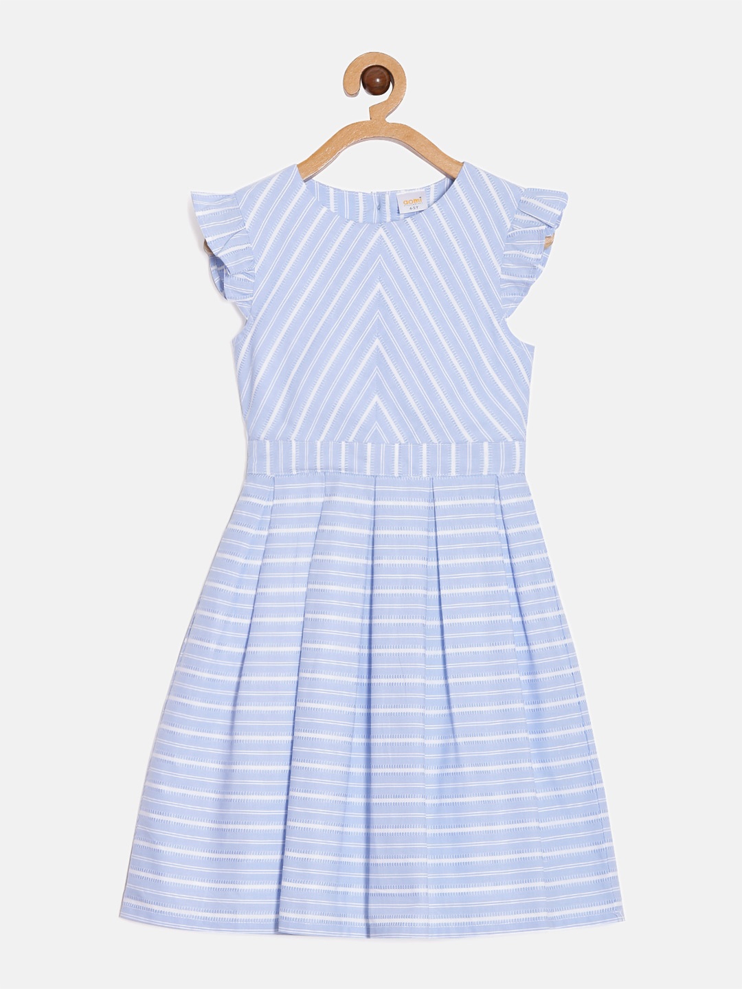 

Aomi Girls Striped Flutter Sleeves Cotton Fit & Flare Dress, Blue