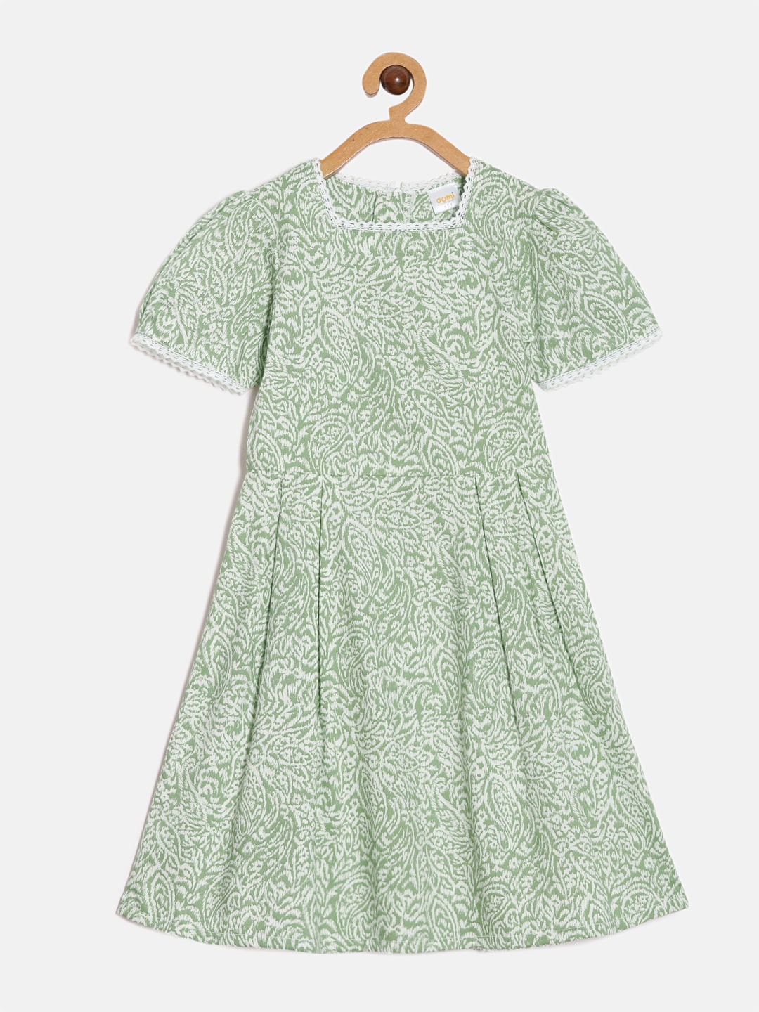 Aomi Girls Floral Printed Pleated Detailed Square Neck Flared Sleeve Cotton A-Line Dress, Green