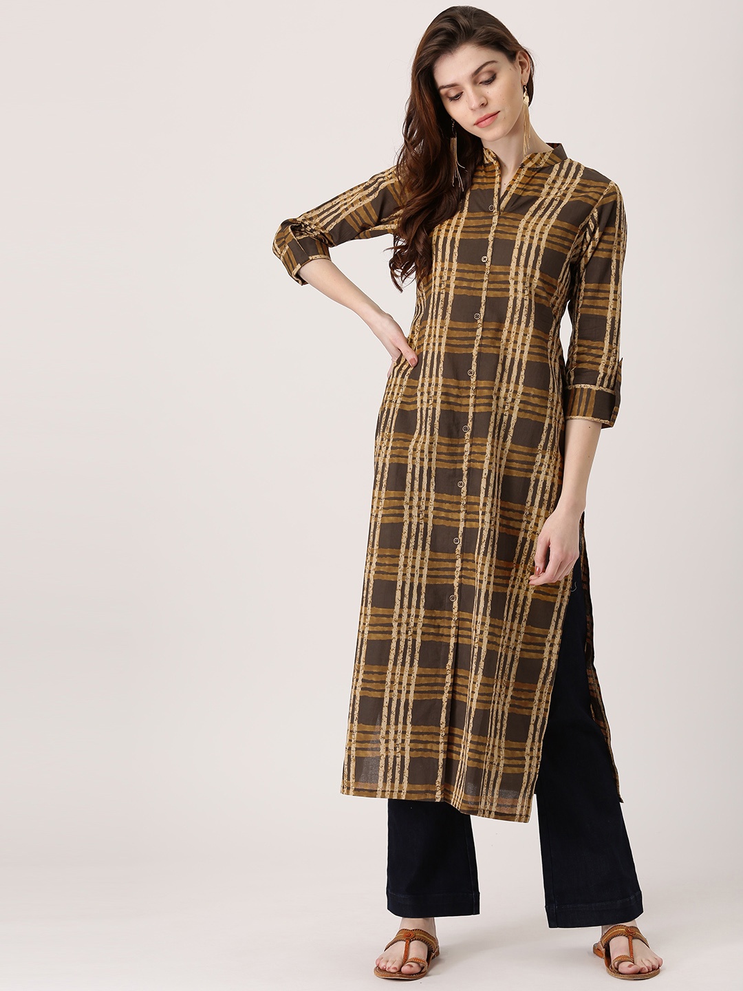 

Libas Women Brown & Beige Checked Straight Kurta