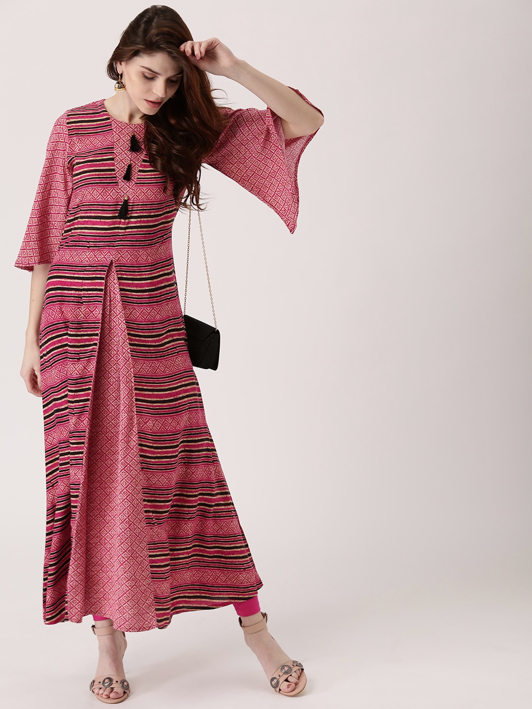 

Libas Women Pink & Black Striped A-Line Kurta