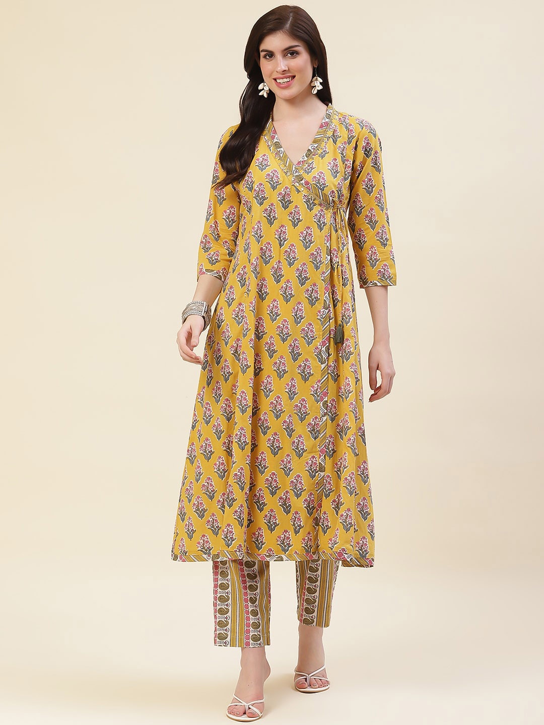 

Meena Bazaar Ethnic Motifs Printed Angrakha Anarkali Cotton Kurta With Trousers, Mustard