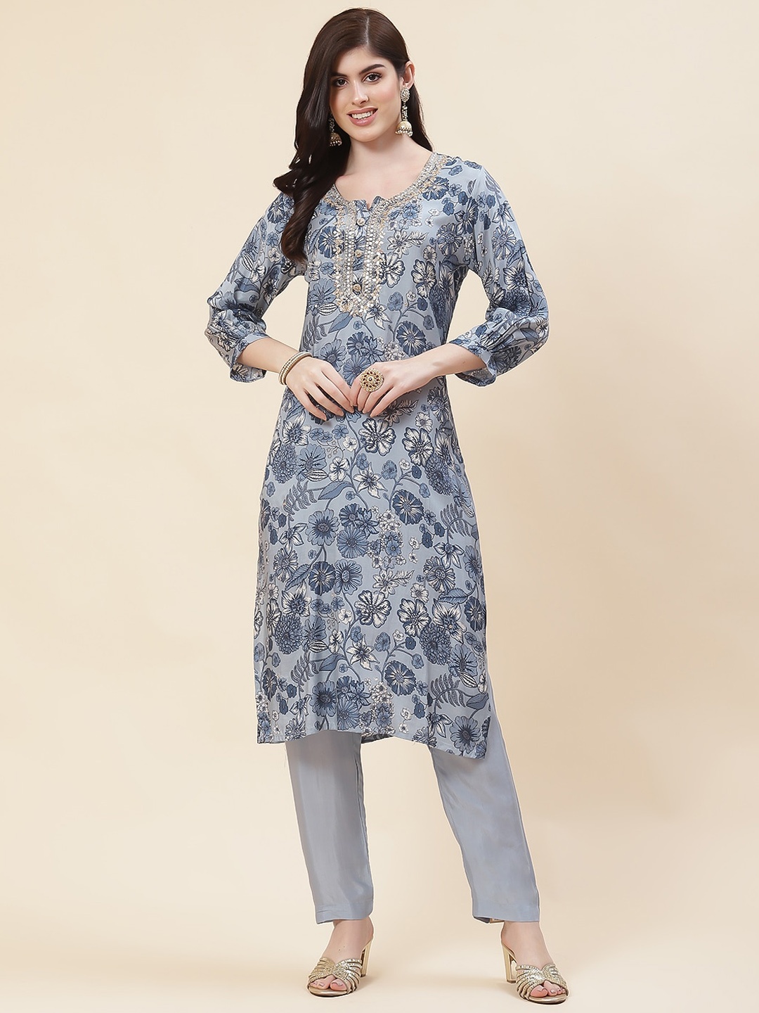 

Meena Bazaar Floral Printed Straight Kurta with Trousers, Blue
