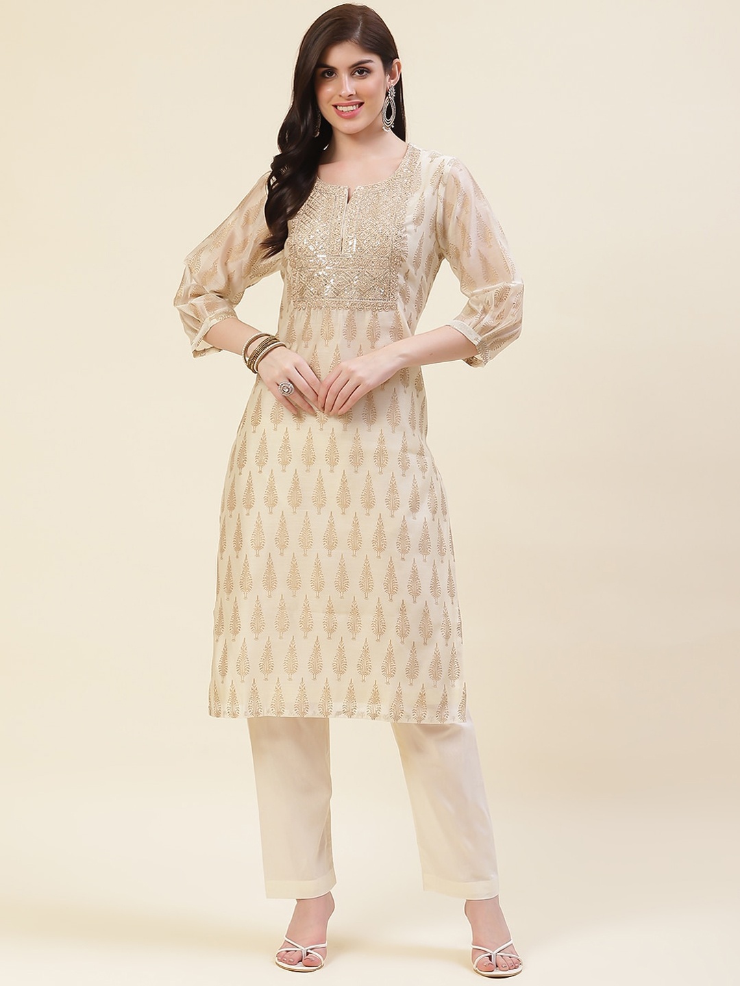 

Meena Bazaar Ethnic Motifs Printed Sequinned Straight Kurta with Trousers, Cream