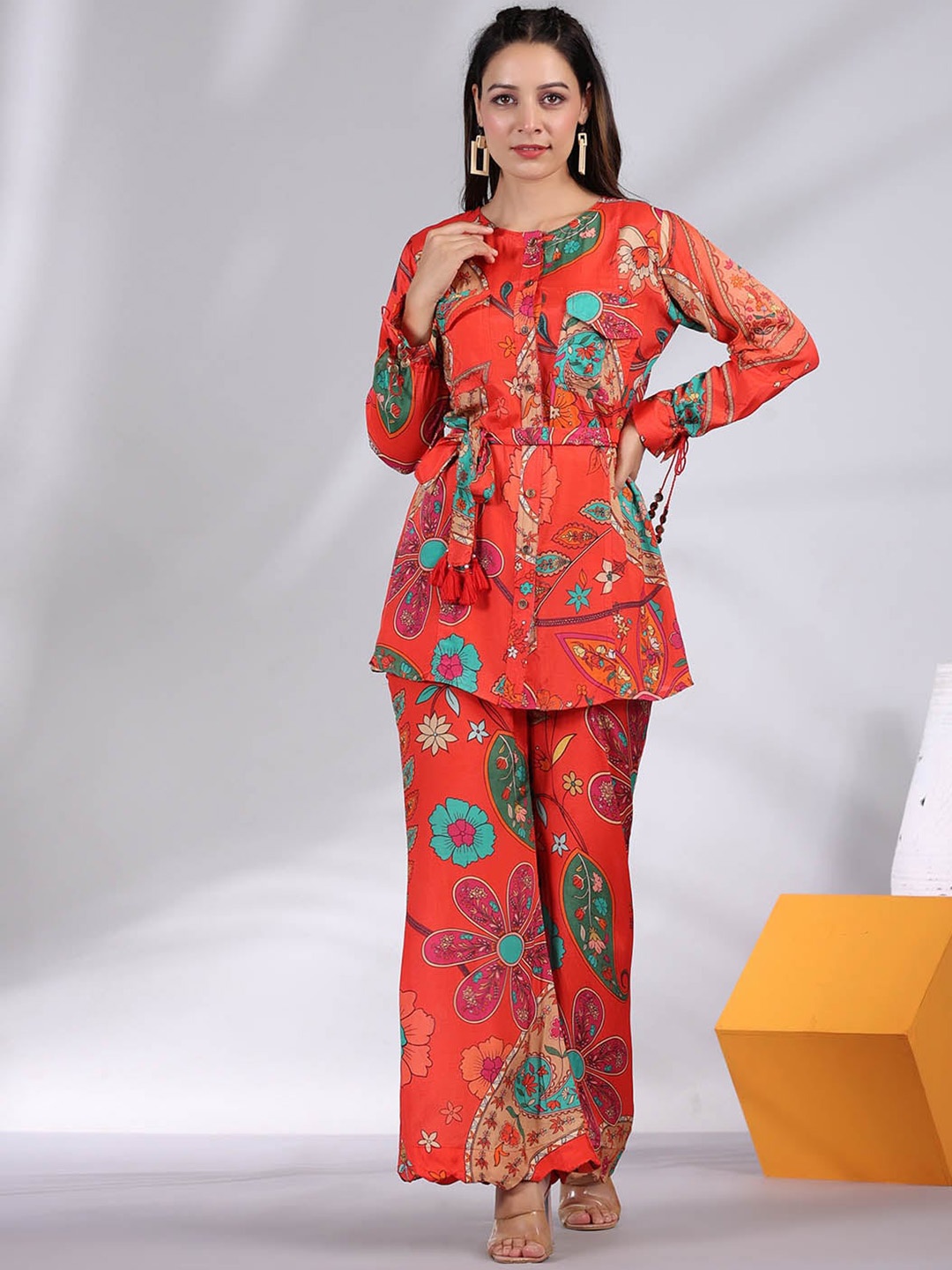 

Meena Bazaar Floral Printed Regular Shirt With Trousers, Coral