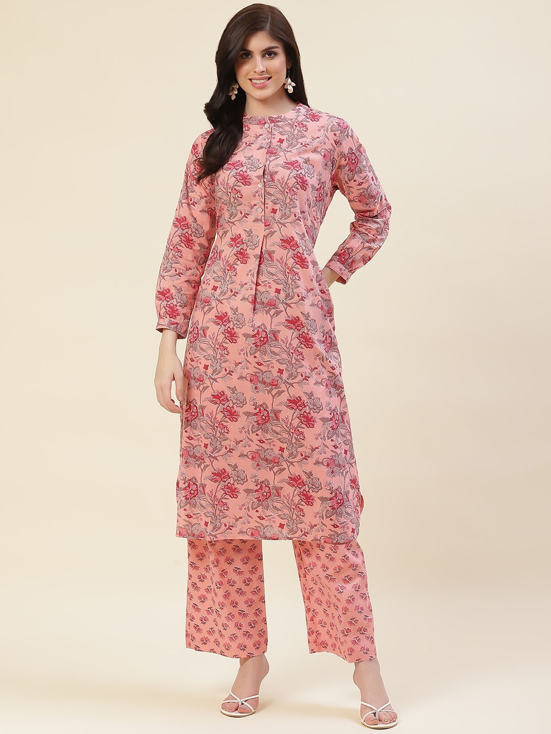

Meena Bazaar Floral Printed Mandarin Collar Kurta with Trousers, Pink