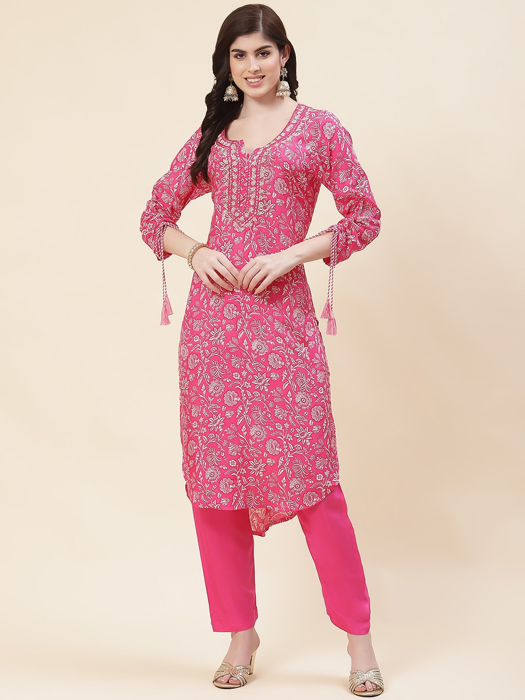 

Meena Bazaar Floral Printed Thread Work High-Low Kurta with Trousers, Pink