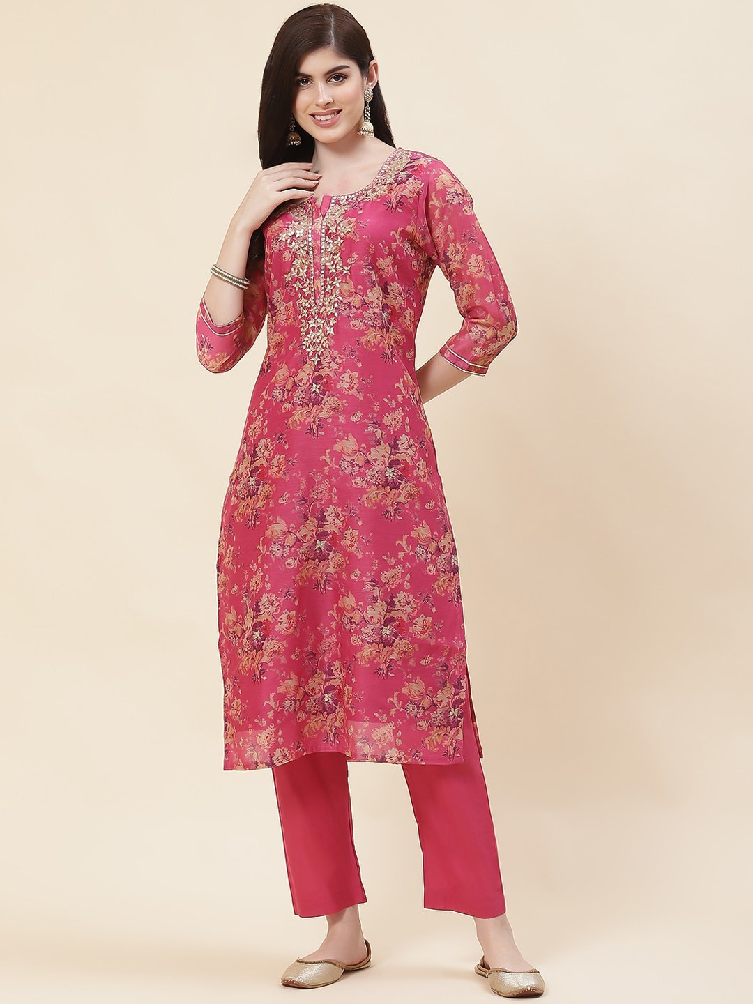Meena Bazaar Floral Printed Gotta Patti Kurta with Trousers, Pink