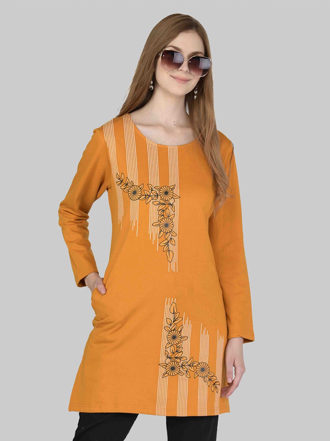 

Cheribell Floral Printed Straight Kurti, Mustard