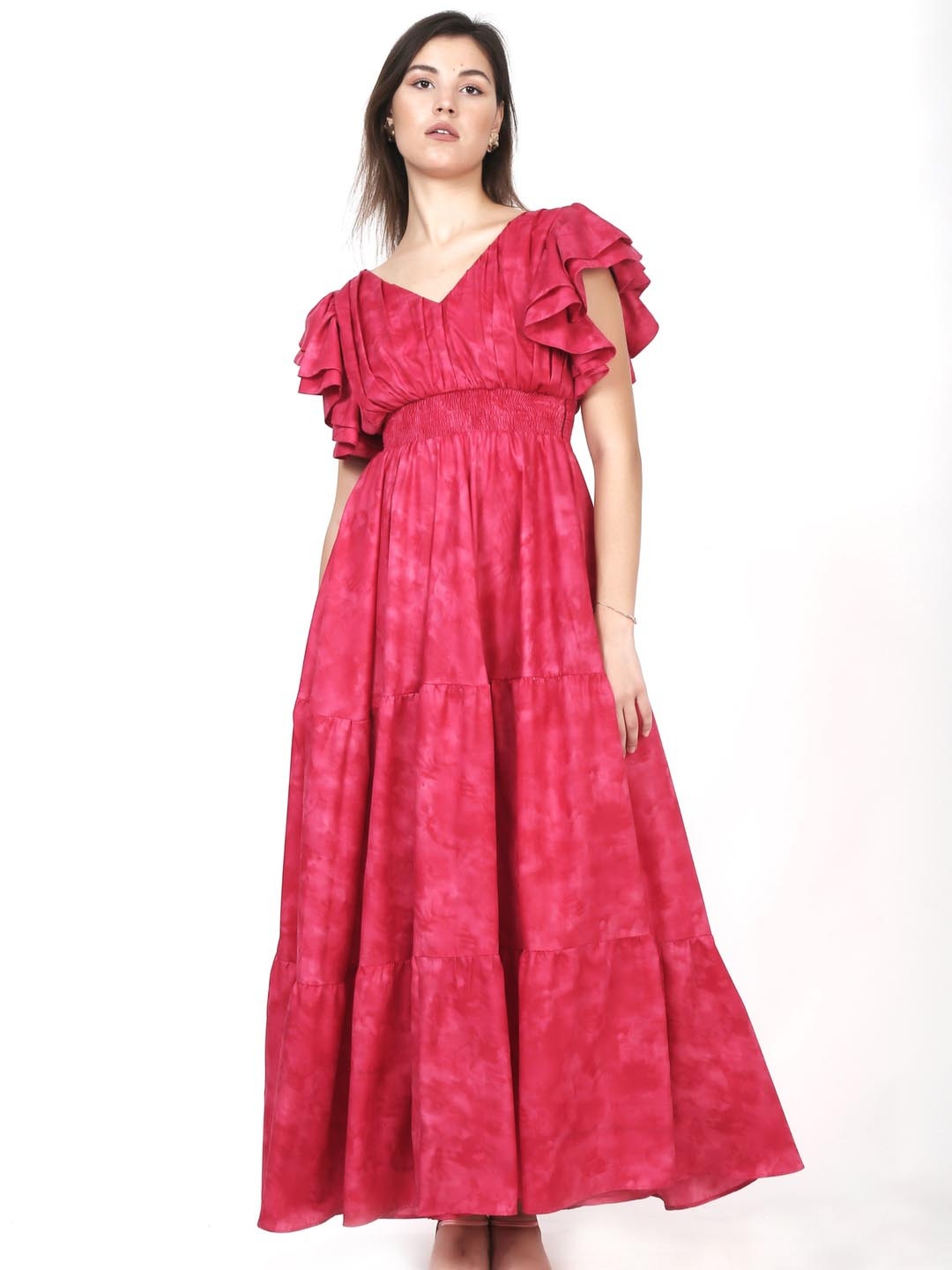 

Dee Monash Tie and Dye Flutter Sleeve Ruffled Cotton Maxi Dress, Pink