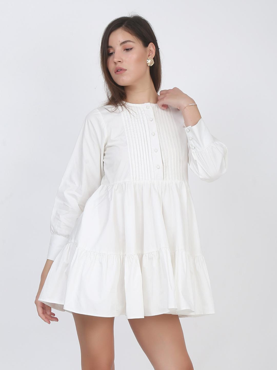 

Dee Monash Tiered Cuffed Sleeves Mini Cotton A-Line Dress, White