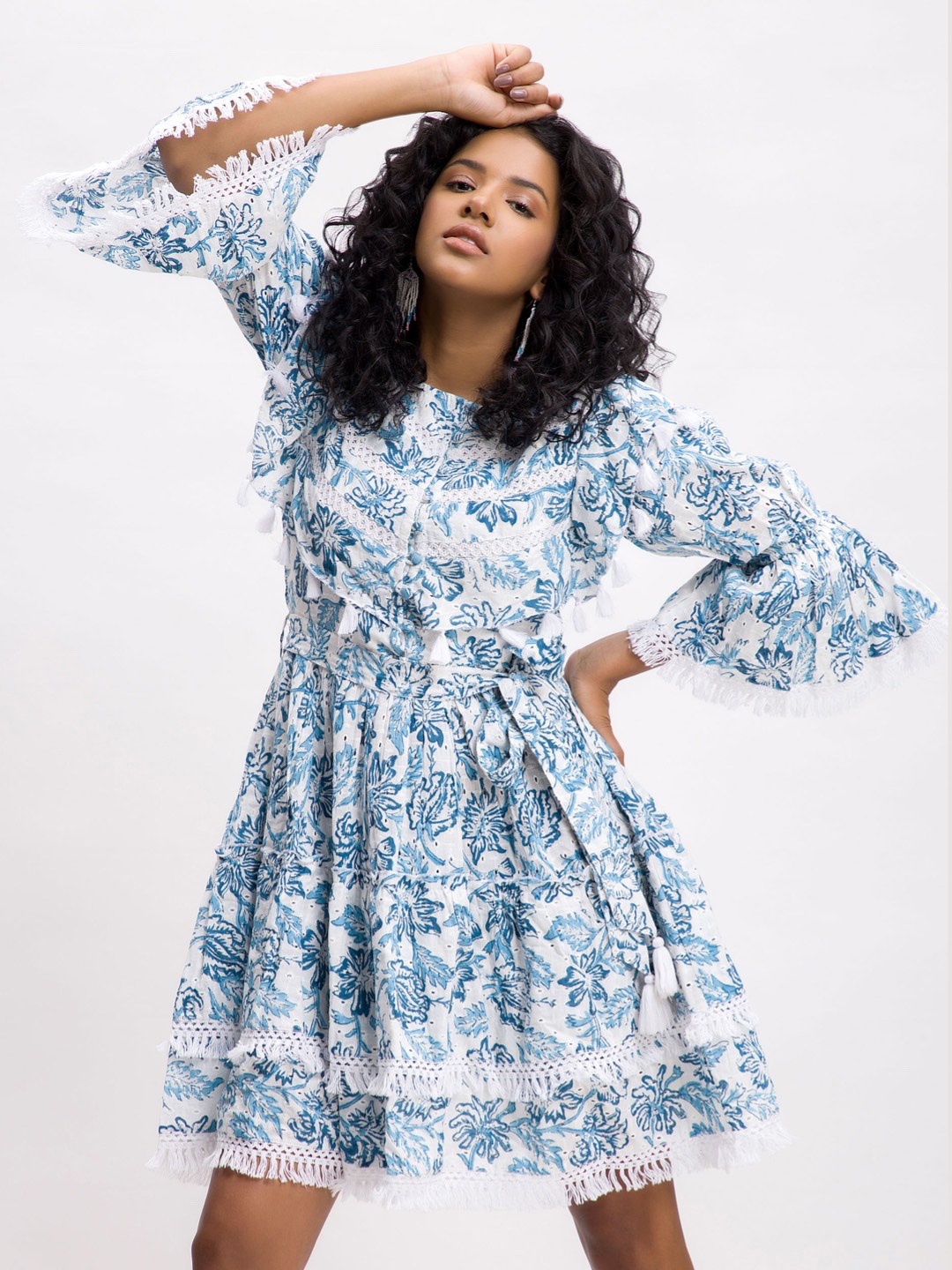 

Dee Monash Floral Print Bell Sleeve Fit & Flare Fringed Cotton Dress, White