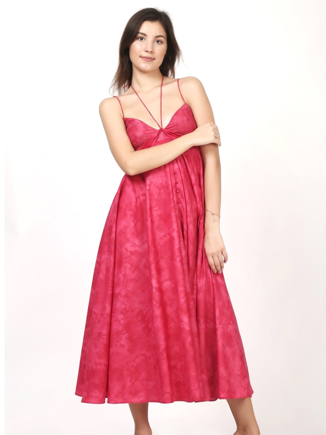 

Dee Monash Tie & Dye Shoulder Straps Midi A-Line Dress, Pink