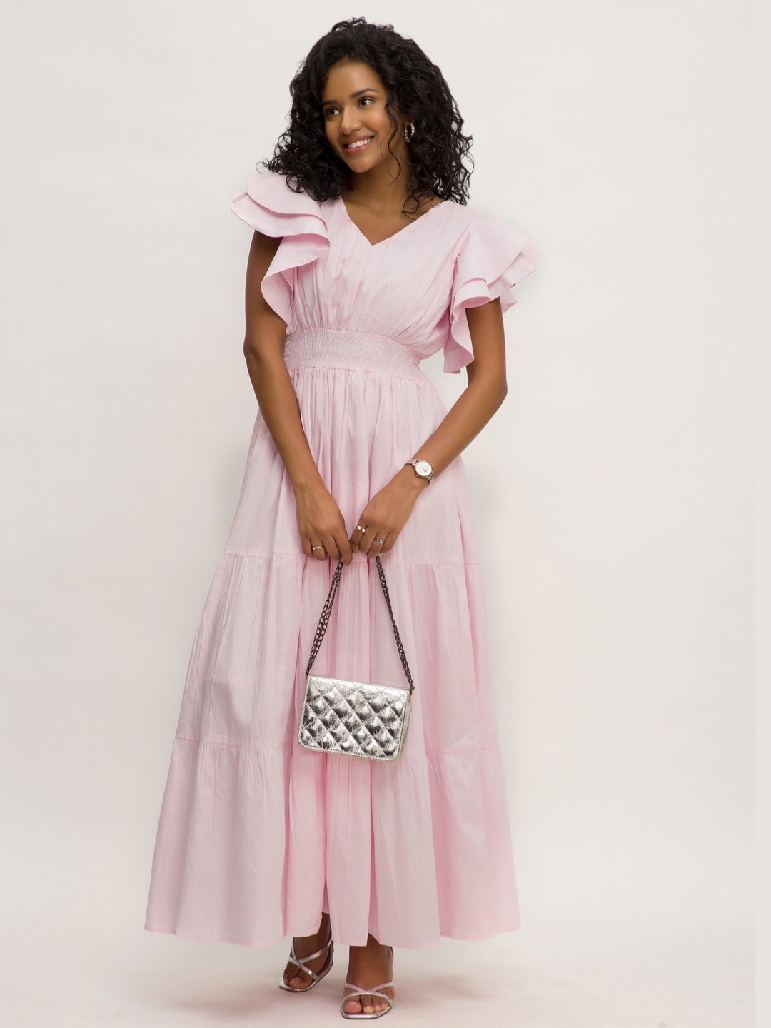

Dee Monash V-Neck Flutter Sleeve Tiered Gathered or Pleated Cotton Maxi Dress, Pink