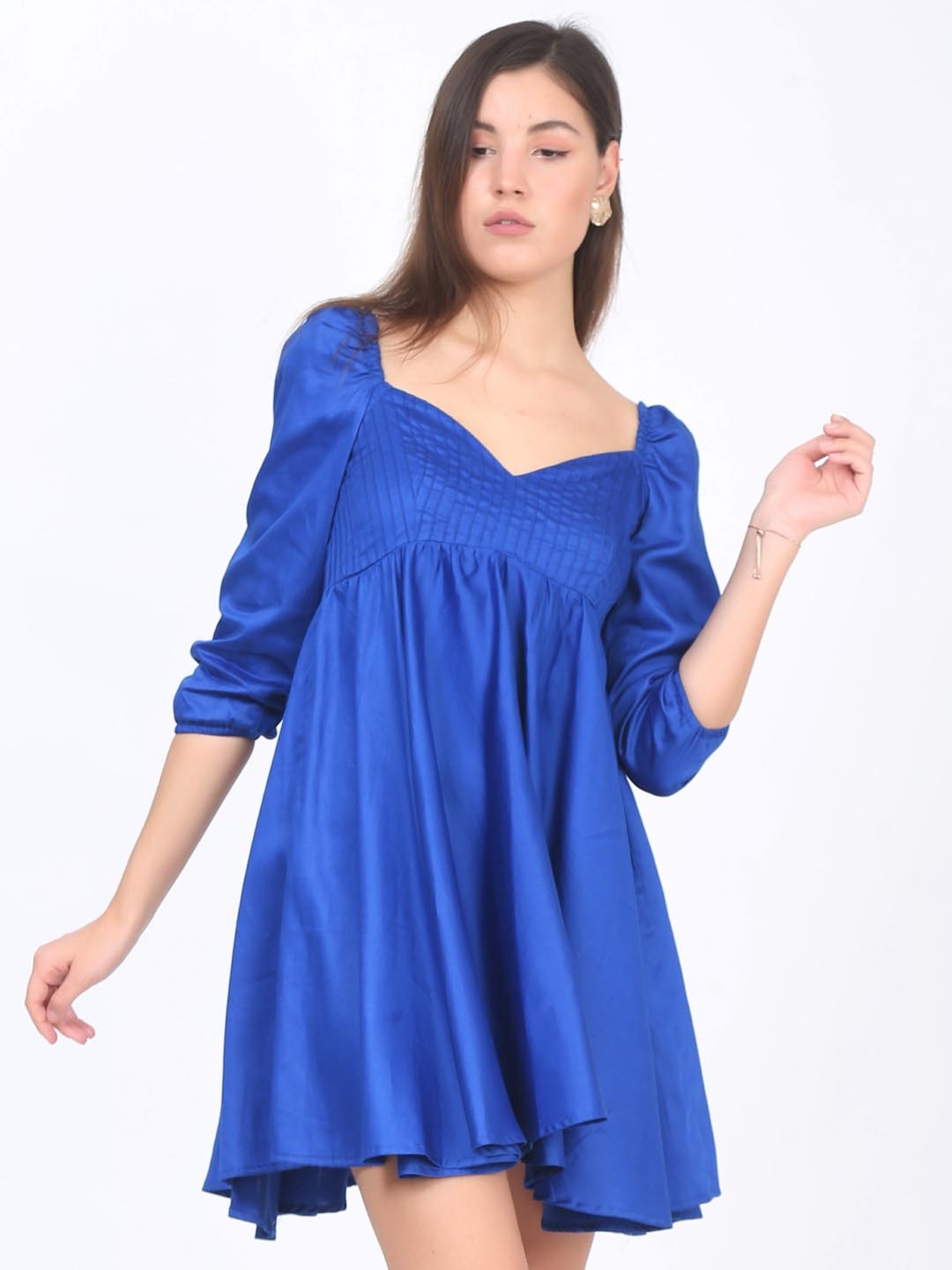 

Dee Monash Sweetheart Neck Puff Sleeves Accordion Pleats Mini A-Line, Blue