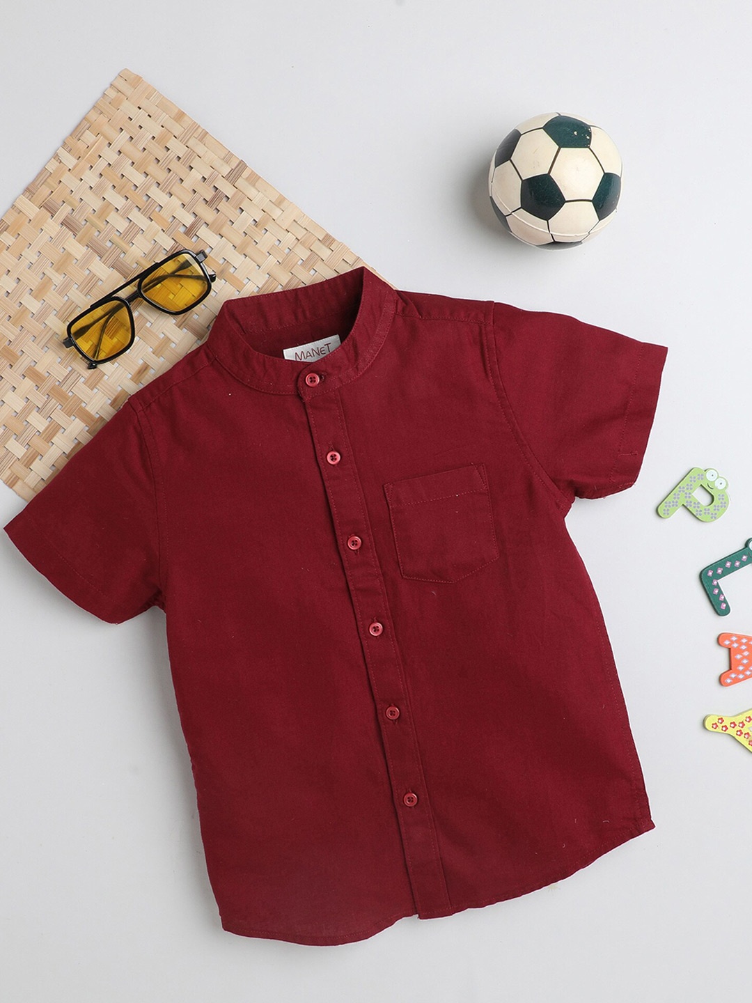 

MANET Boys Band Collar Cotton Casual Shirt, Maroon