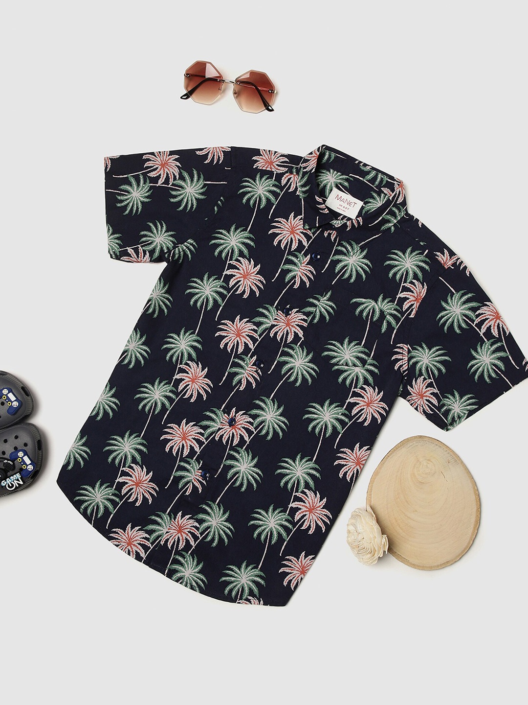 

MANET Boys Floral Printed Spread Collar Cotton Casual Shirt, Navy blue