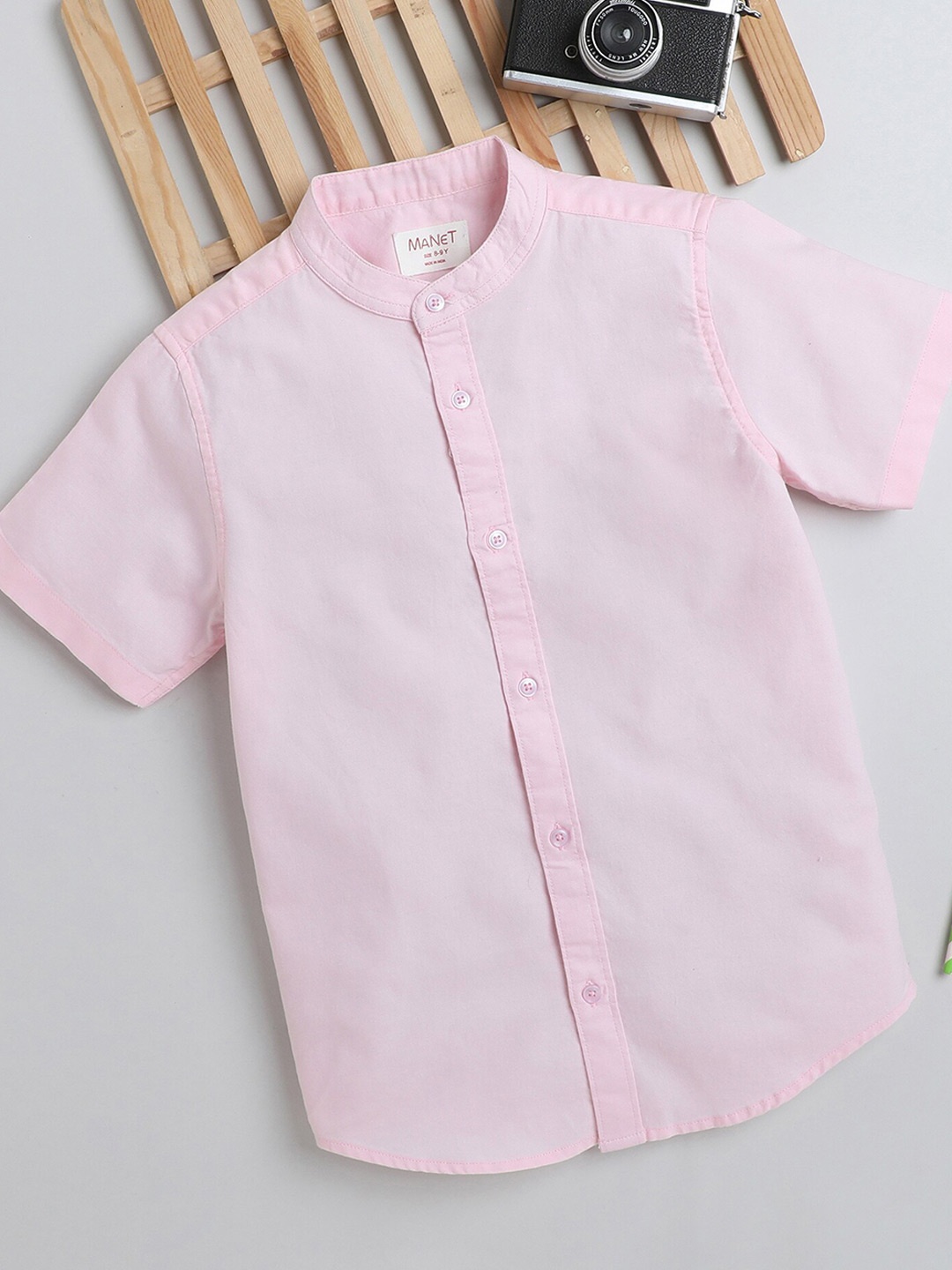 

MANET Boys Band Collar Cotton Casual Shirt, Pink