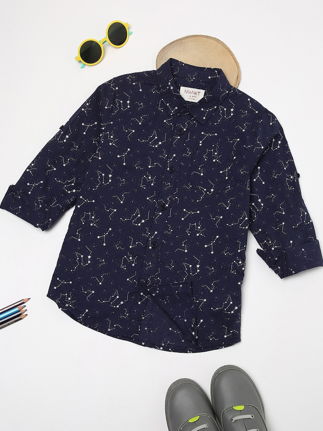 

MANET Boys Abstract Printed Spread Collar Cotton Casual Shirt, Black