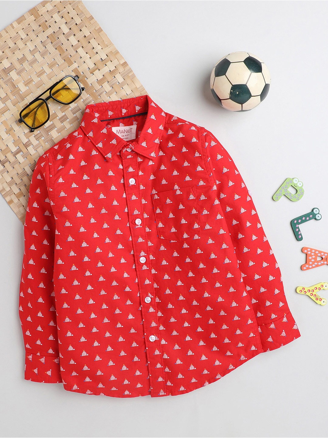 

MANET Boys Conversational Printed Spread Collar Cotton Casual Shirt, Red