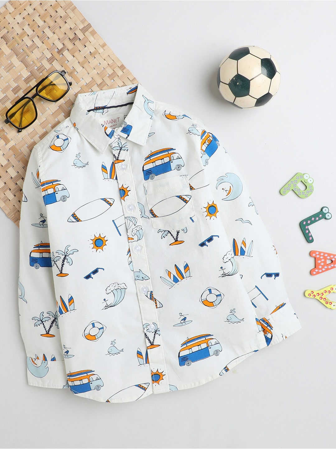 

MANET Boys Conversational Printed Spread Collar Cotton Casual Shirt, Off white