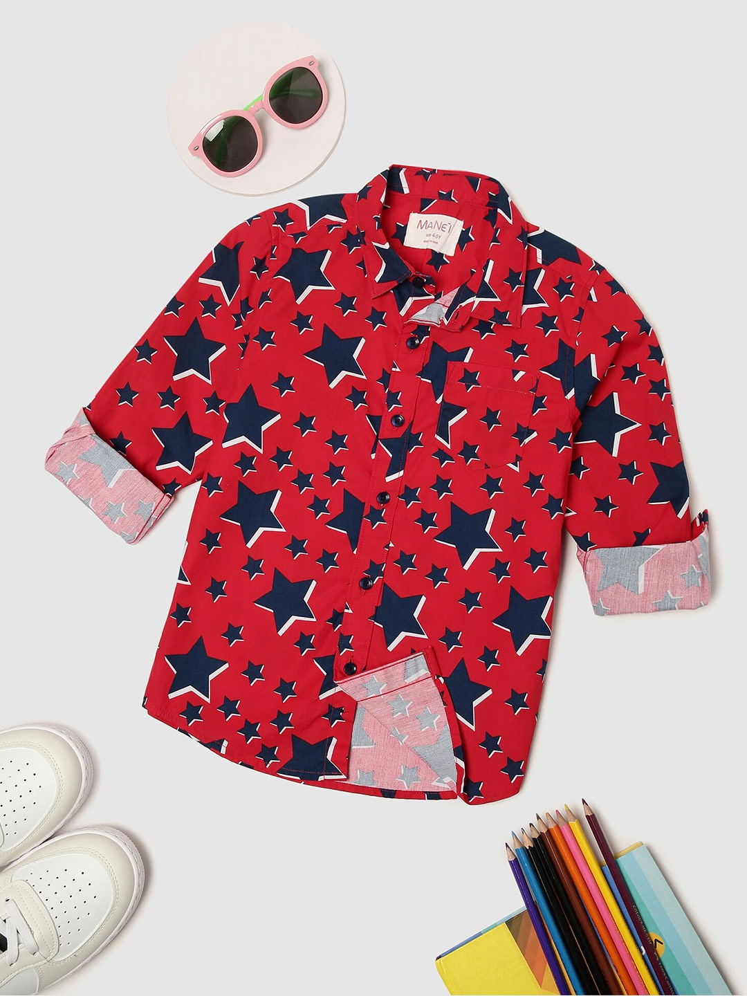 

MANET Boys Geometric Printed Spread Collar Cotton Casual Shirt, Red