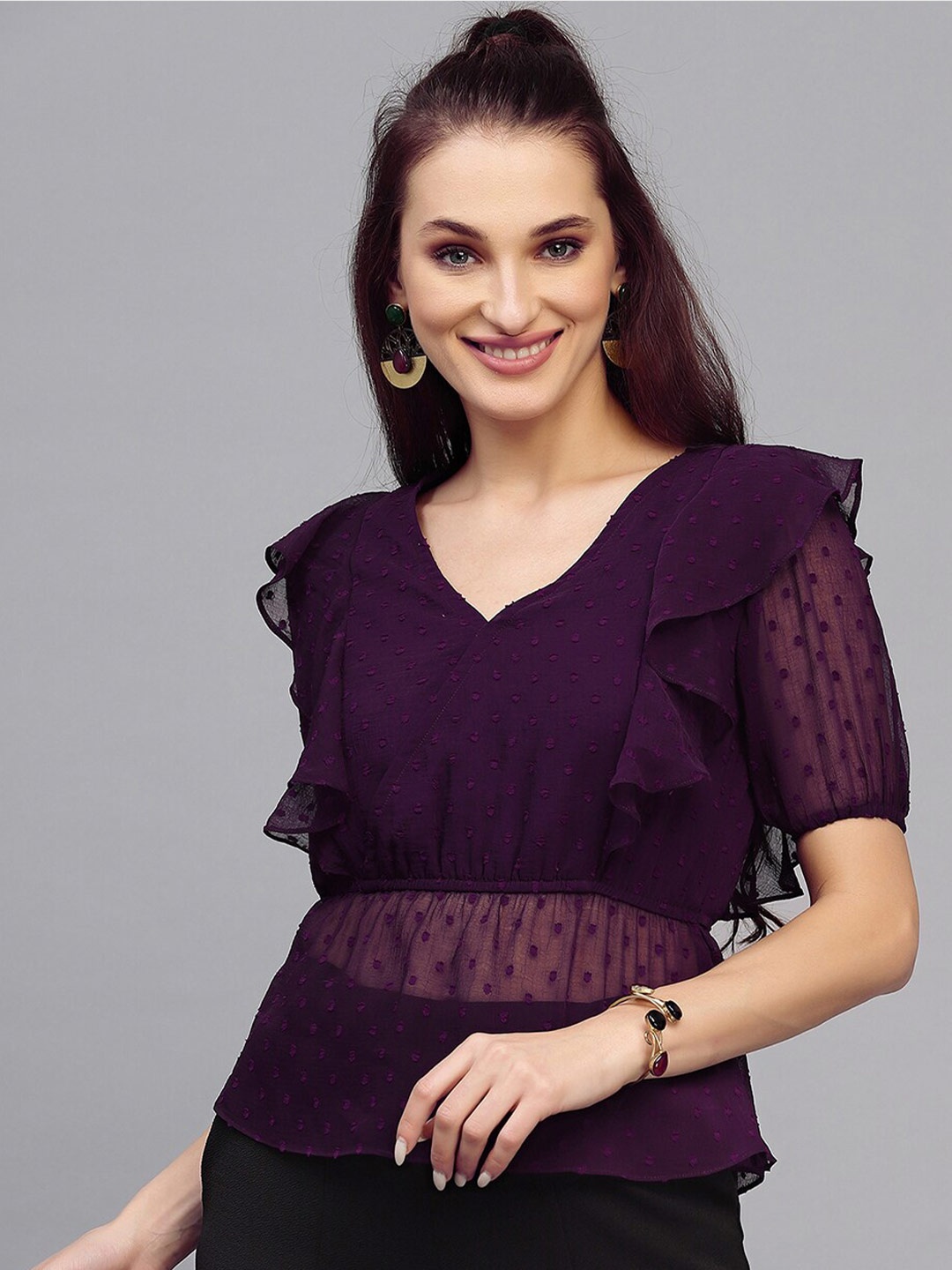 

Selvia Self Design Puff Sleeves Empire Top, Purple