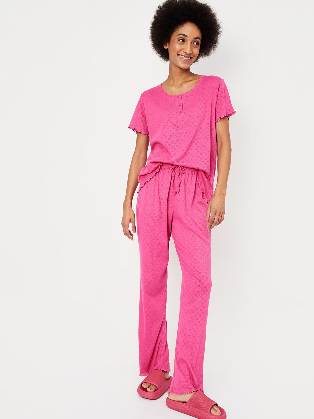 

max Conversational Self Design Pure Cotton Night Suit, Pink