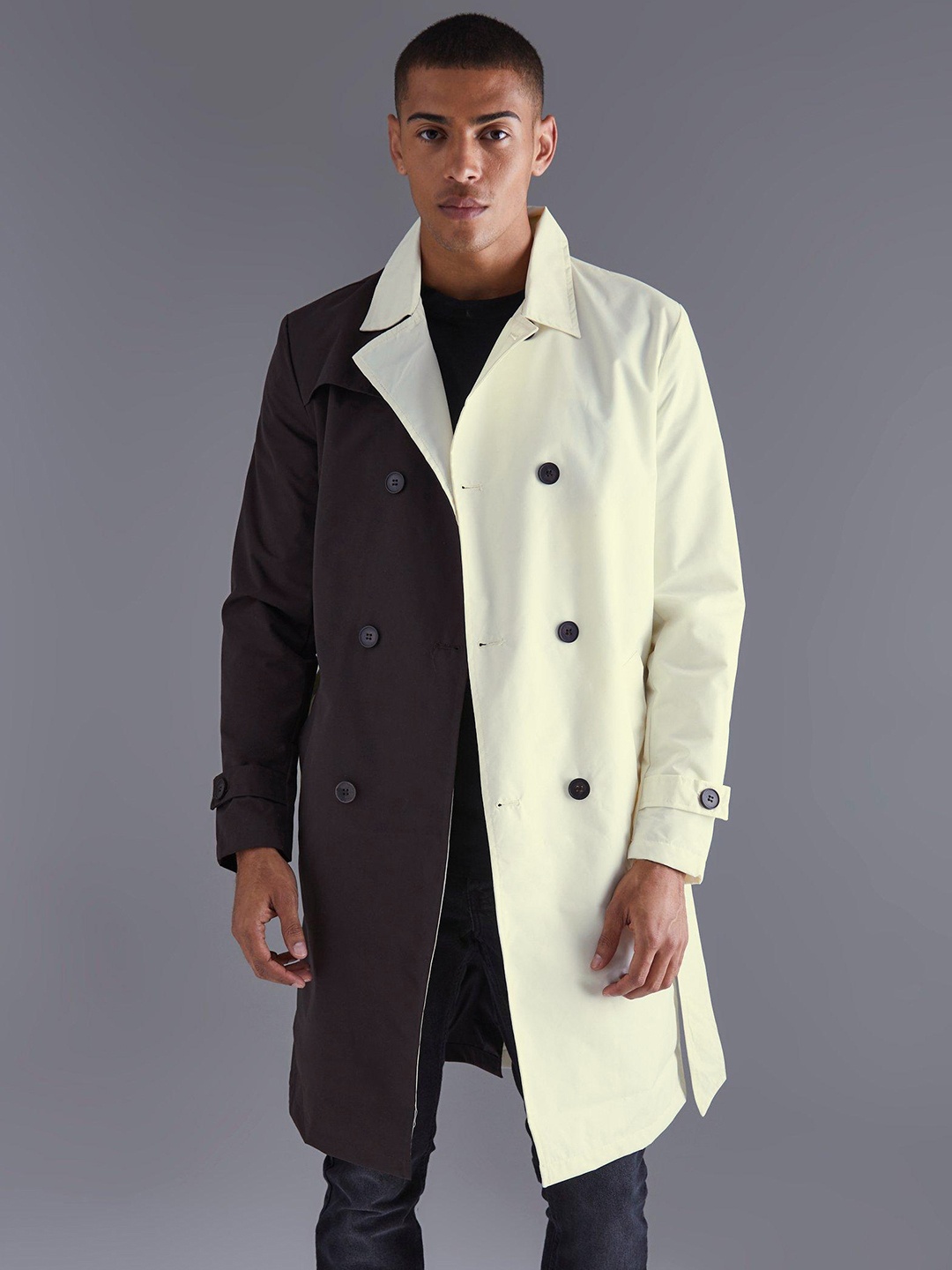 

boohooMAN Colorblocked Twill Double Breasted Coat, Off white