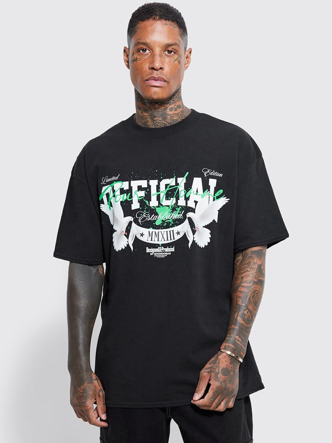 

boohooMAN Typography Print Oversized Pure Cotton T-shirt, Black