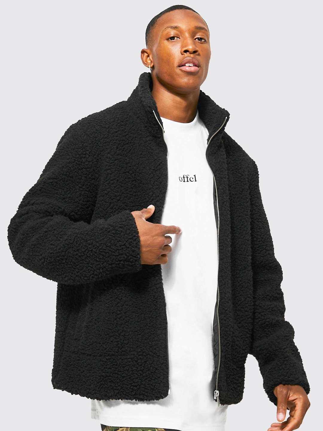 

boohooMAN Solid Mock Collar Sherpa Tailored Jacket, Black