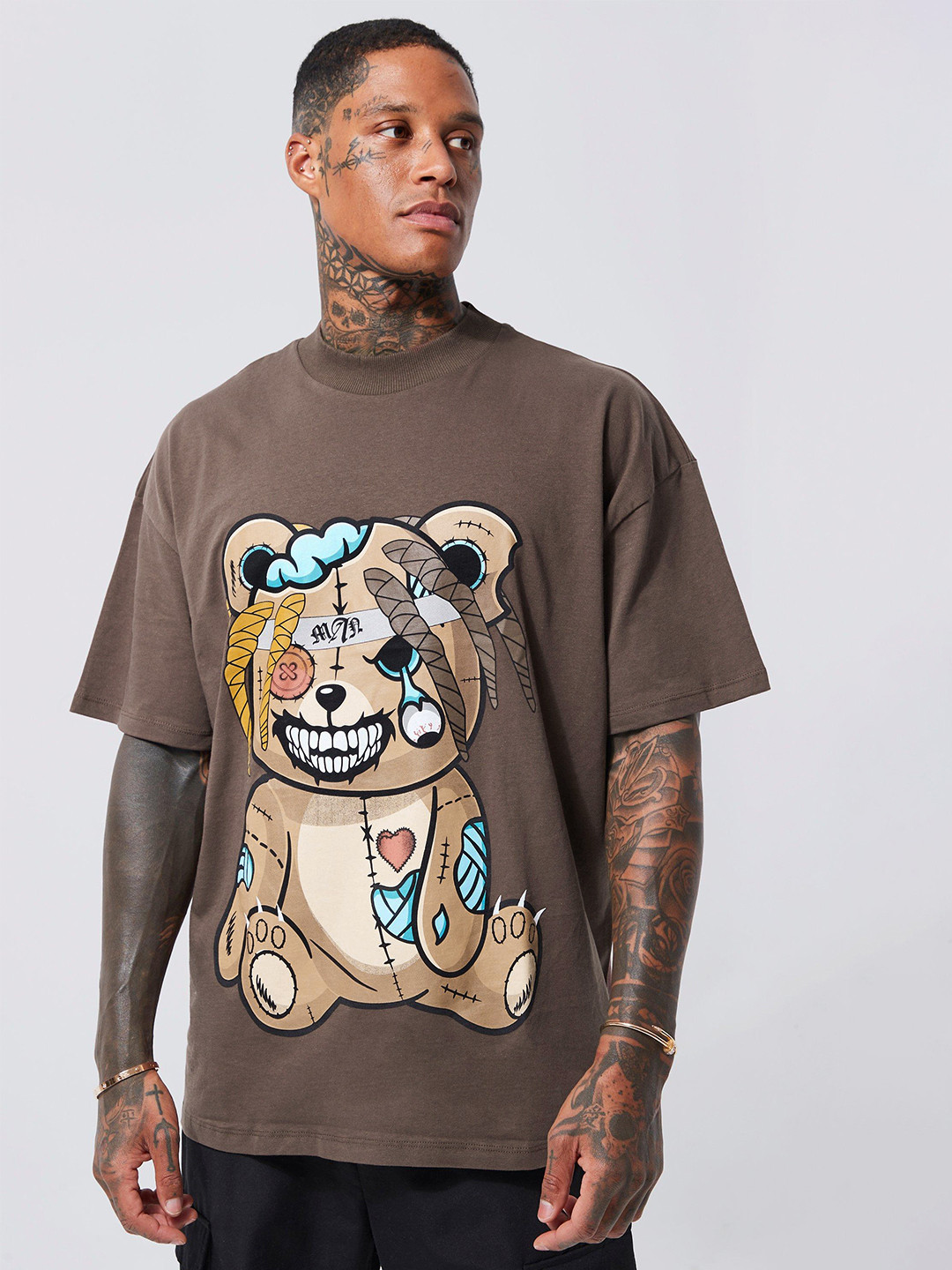 

boohooMAN Teddy Print Drop-Shoulder Sleeves Pure Cotton Oversized T-shirt, Brown