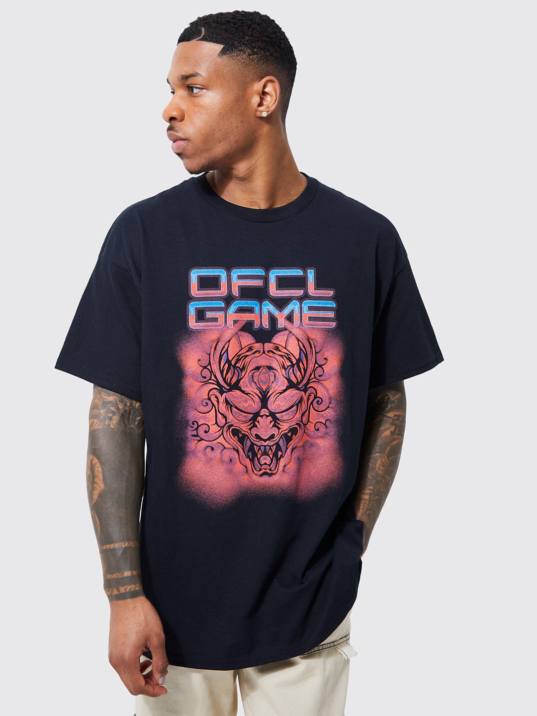 

boohooMAN Men Pure Cotton Printed Drop-Shoulder Sleeves Oversized T-shirt, Navy blue
