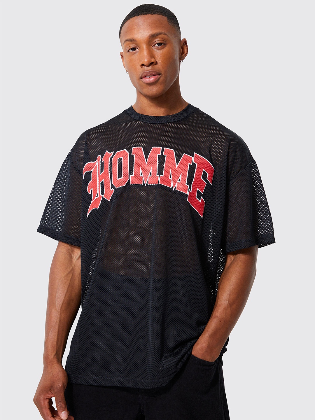 

boohooMAN Oversized Homme Printed Drop-Shoulder Sleeves Mesh T-shirt, Black