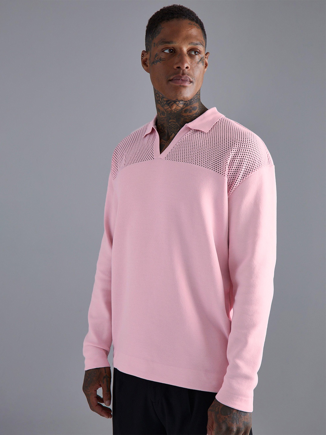 

boohooMAN Polo Collar Self Design Drop-Shoulder Sleeves T-shirt, Pink