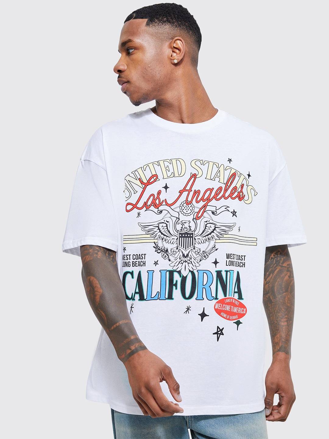 

boohooMAN Oversized Los Angeles Printed Drop-Shoulder Sleeves Pure Cotton T-shirt, White