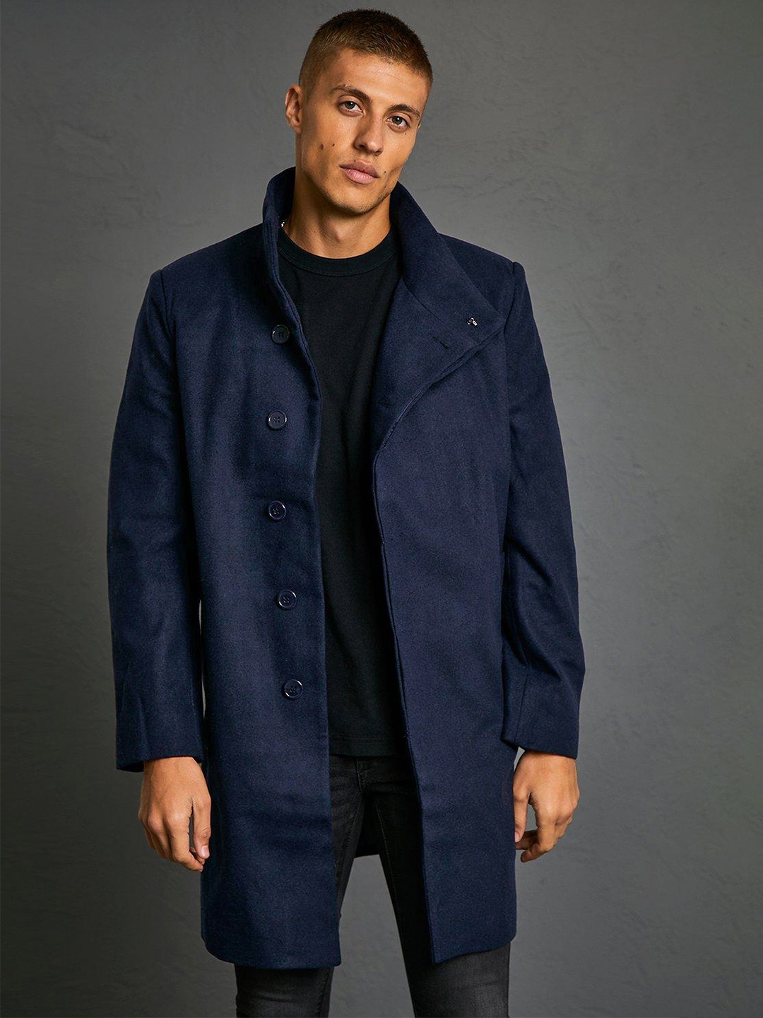

boohooMAN Funnel Neck Overcoat, Navy blue