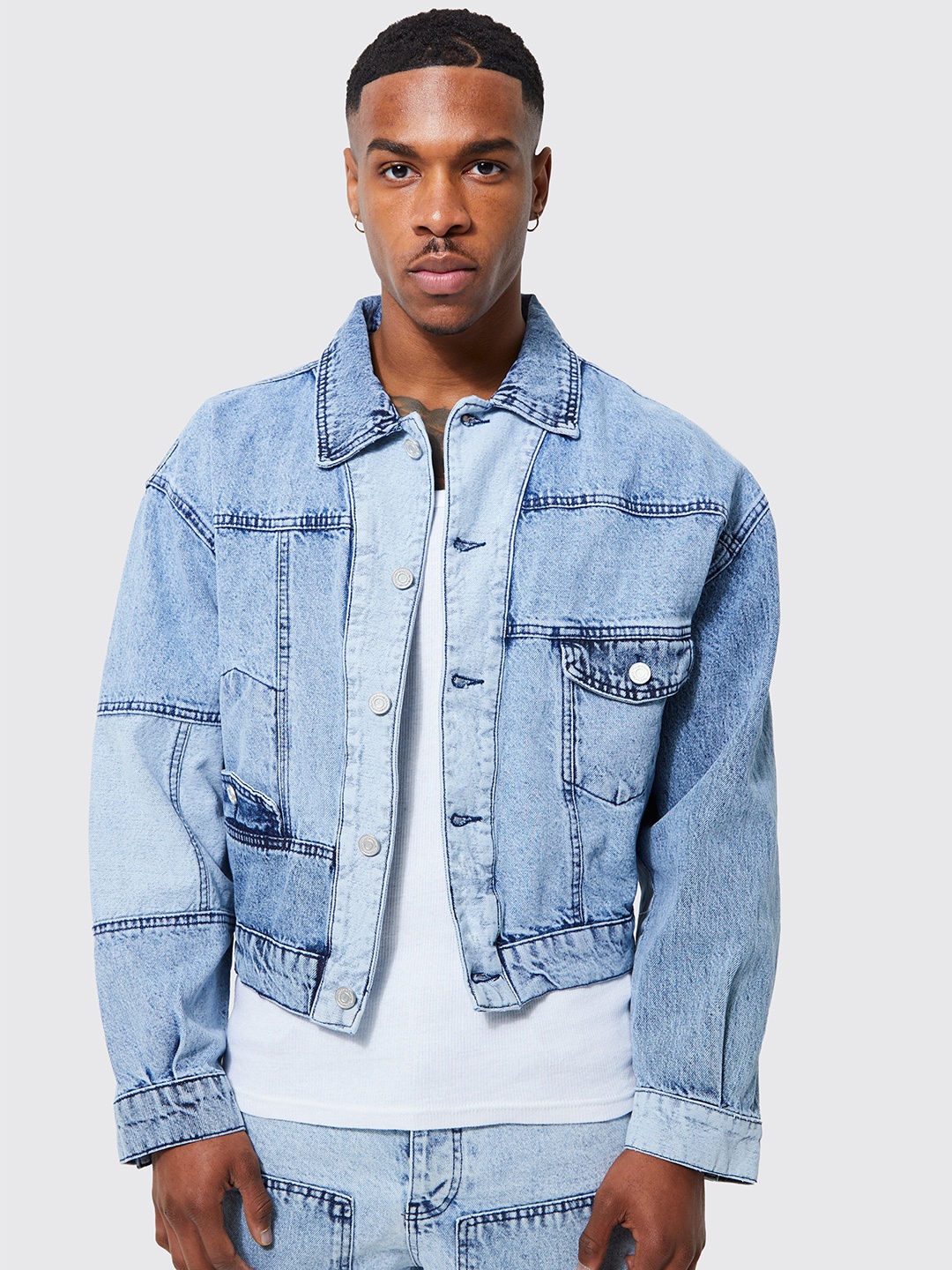 

boohooMAN Cotton Boxy Fit Denim Jacket, Blue