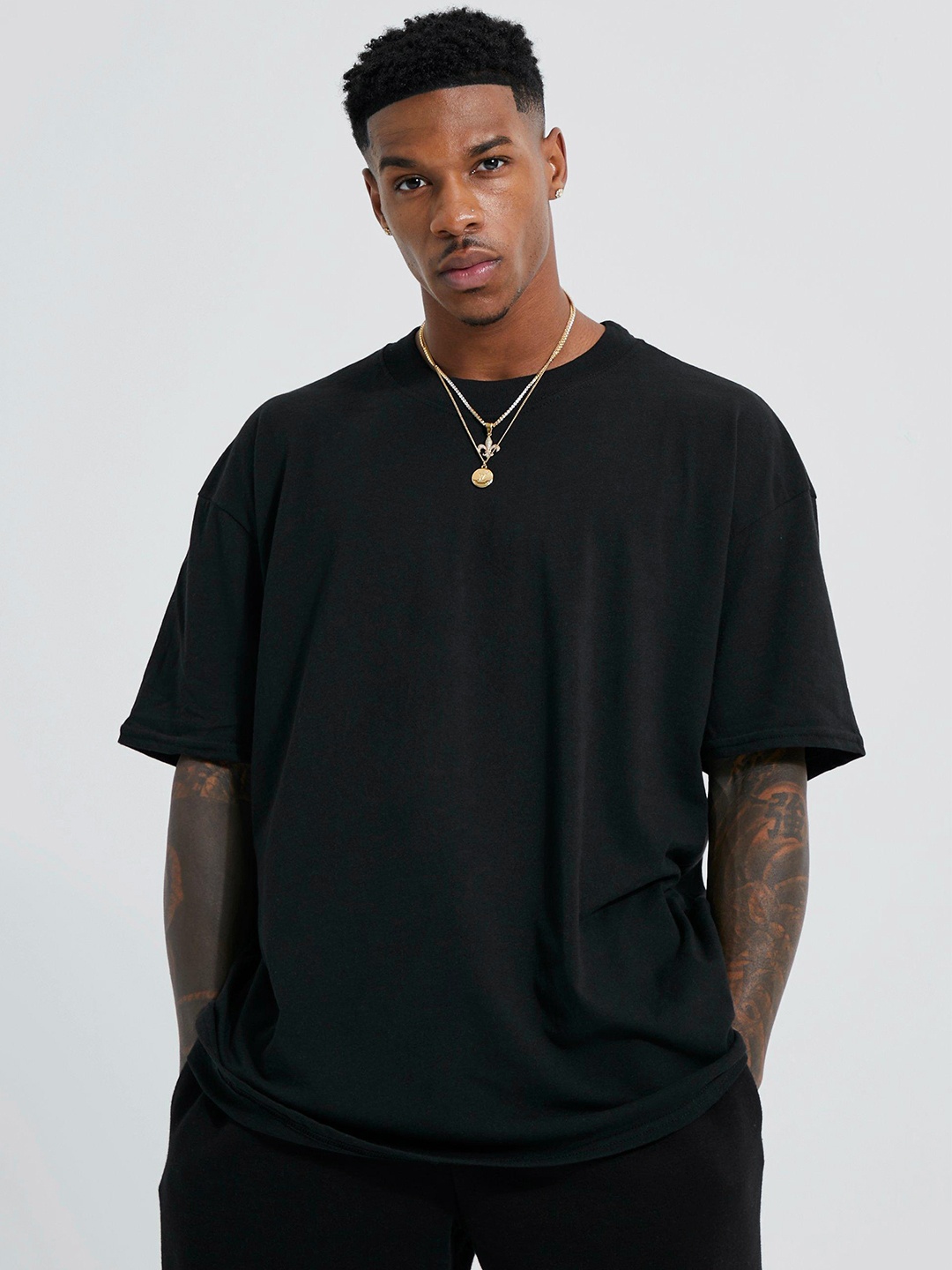 boohooMAN Printed Oversized Pure Cotton T-shirt, Black