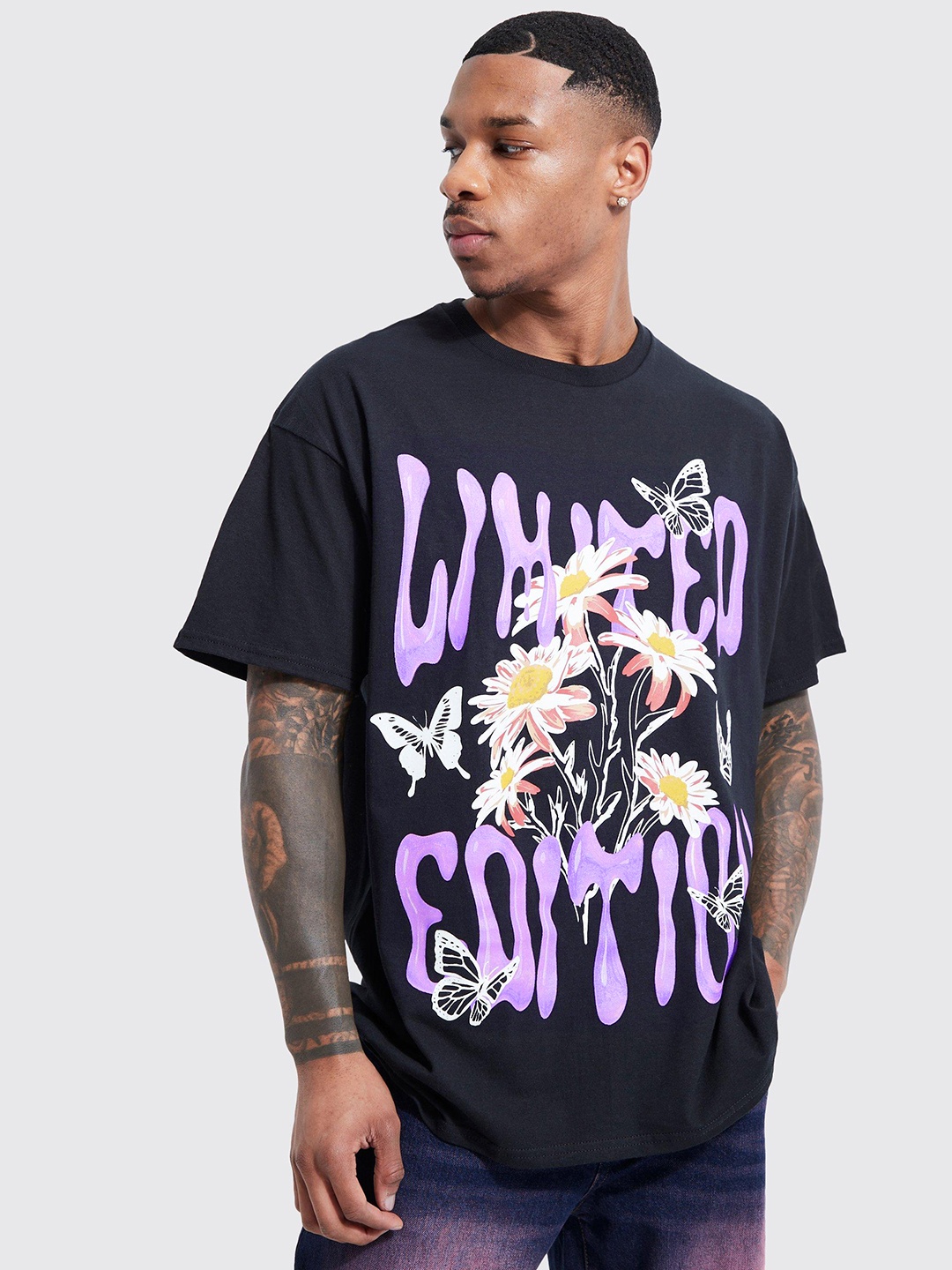 

boohooMAN Typography Print Oversized Pure Cotton T-shirt, Black