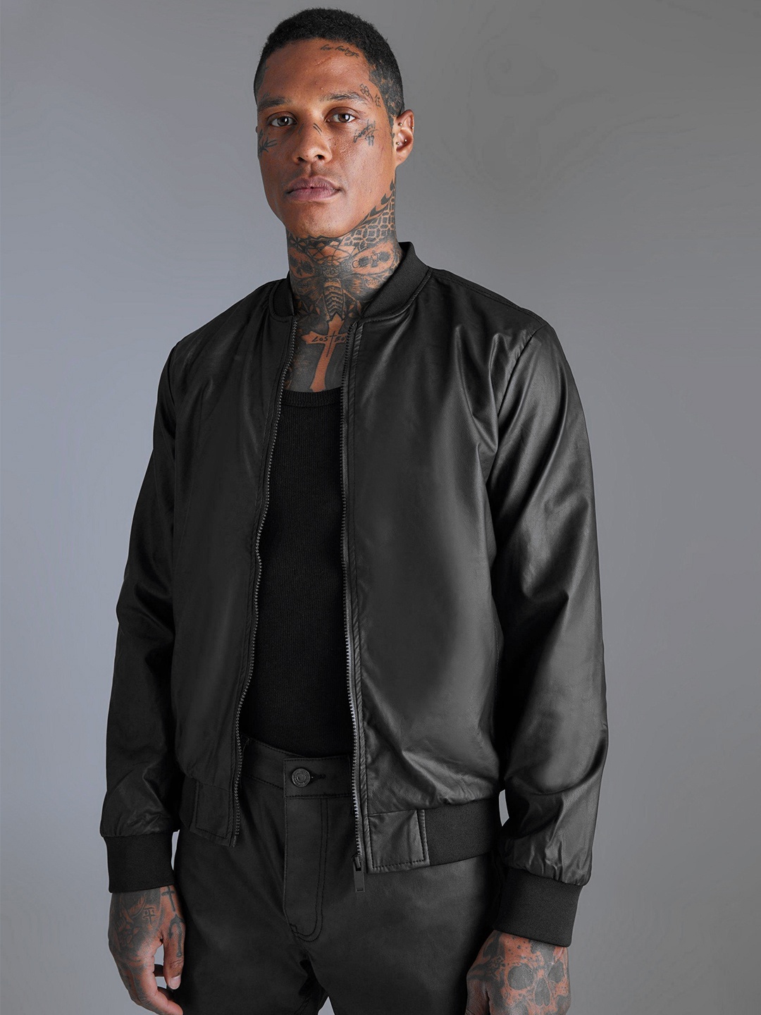 

boohooMAN PU Bomber Jacket, Black