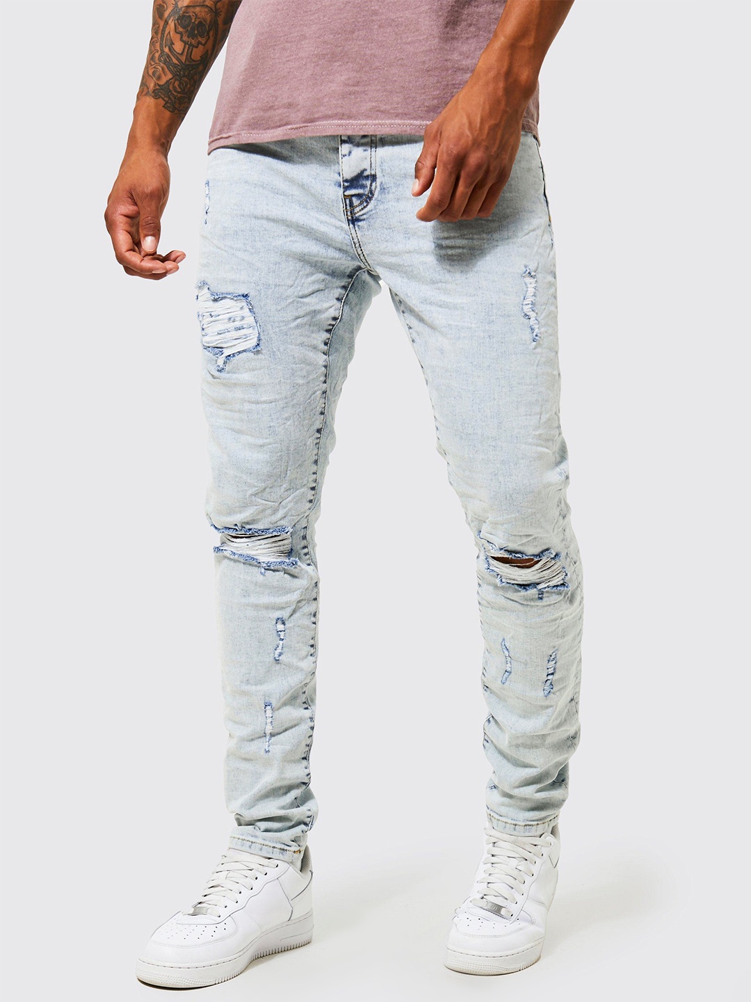 

boohooMAN Skinny Fit Highly Distressed Stretchable Jeans, Blue