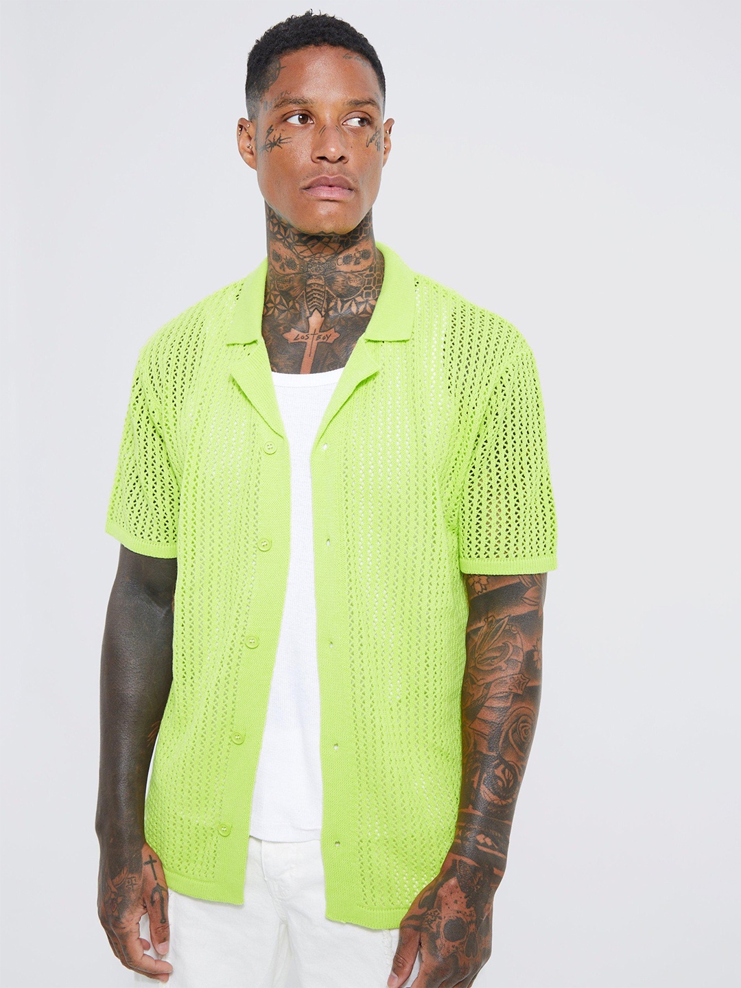 

boohooMAN Open-Knit Acrylic Shirt Style Cardigan, Lime green