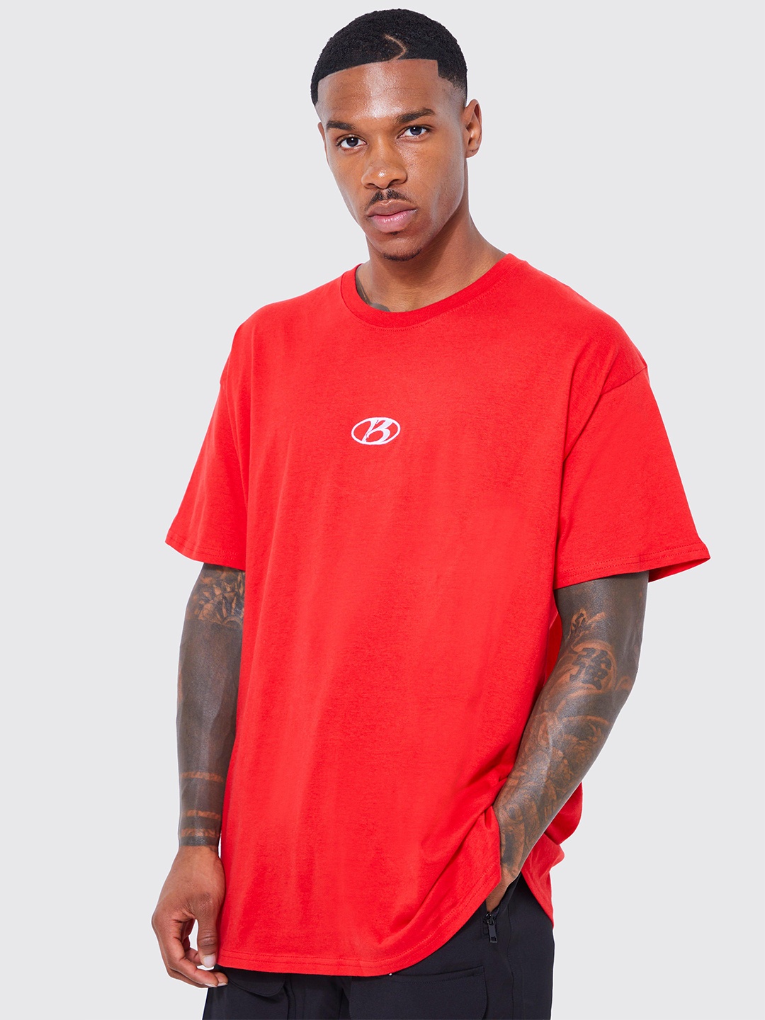 

boohooMAN Men Pure Cotton Drop-Shoulder Sleeves Oversized T-shirt, Red