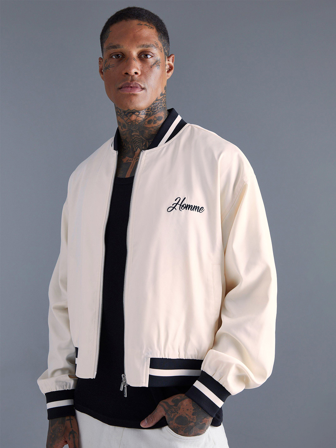 

boohooMAN Homme Boxy Satin Souvenir Varsity Jacket, Off white