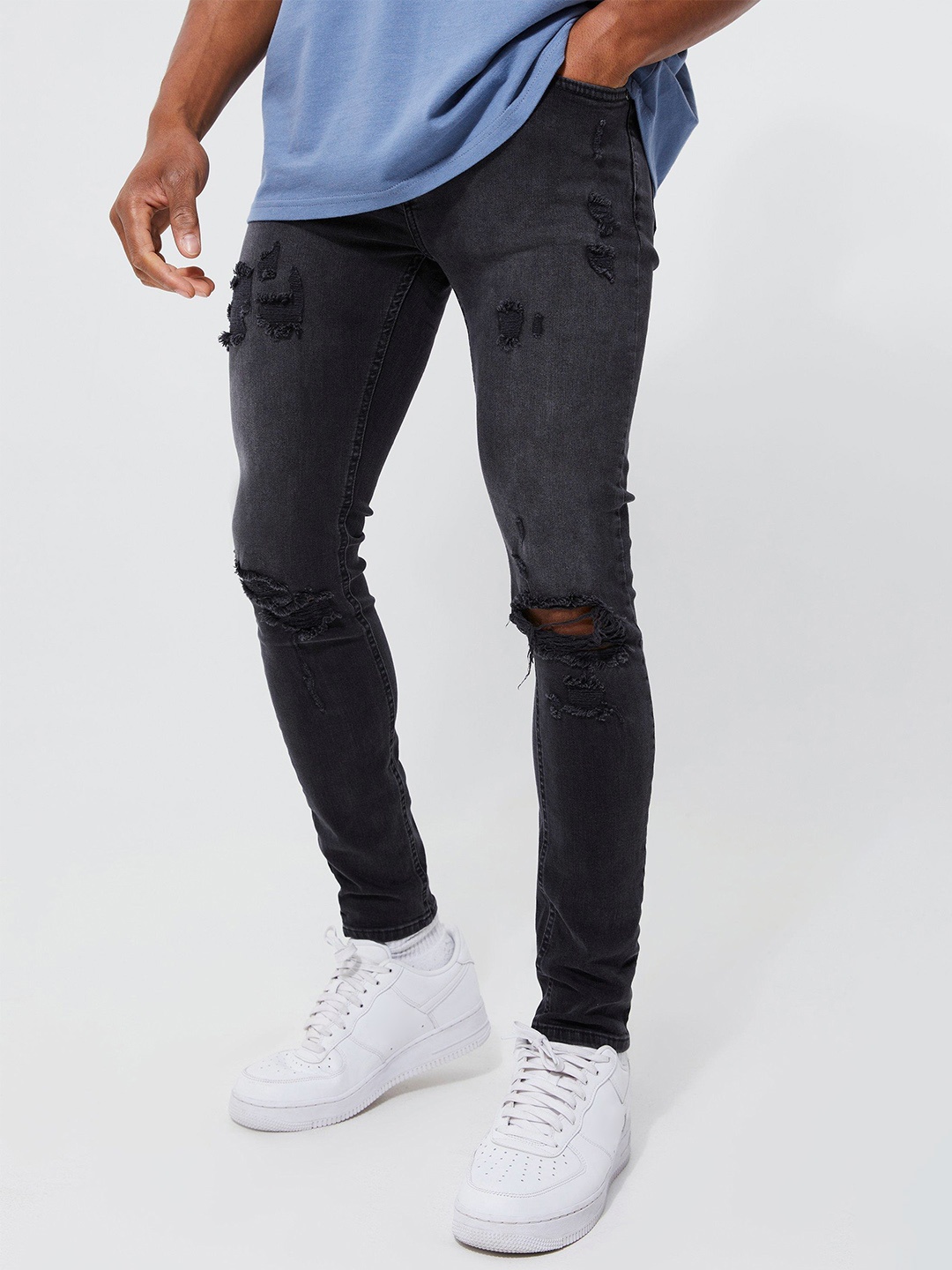 

boohooMAN Skinny Fit Mildly Distressed Light Fade Stretchable Jeans, Charcoal