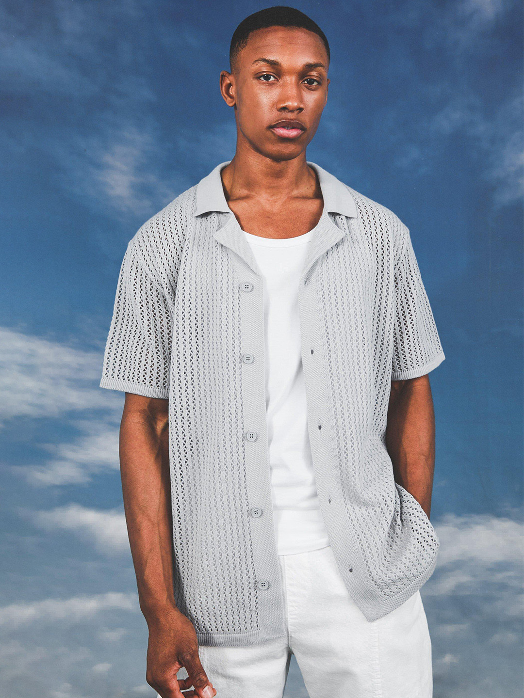 

boohooMAN Open-Knit Shirt Style Acrylic Cardigan, Grey