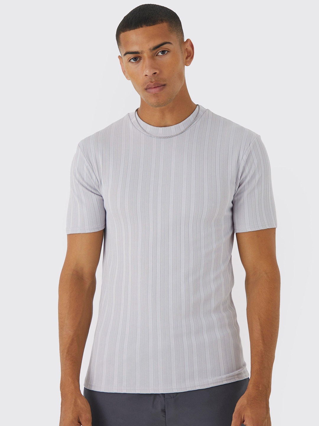 

boohooMAN Ribbed Slim Fit T-shirt, Grey