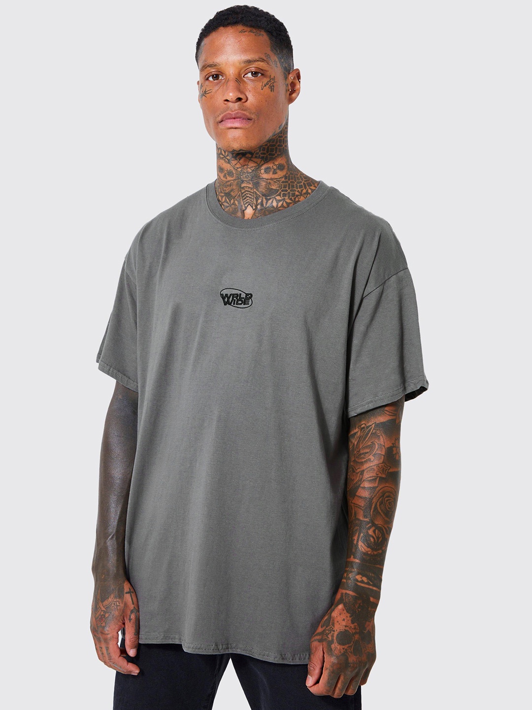 

boohooMAN Drop-Shoulder Sleeves Pure Cotton Oversized T-shirt, Grey