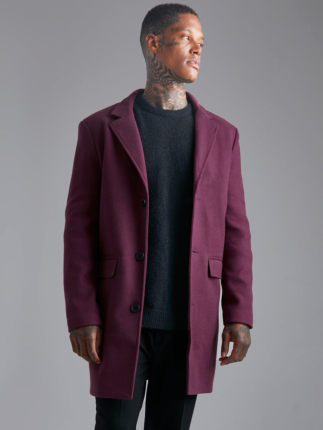 

boohooMAN Single Breasted Wool Mix Overcoat, Maroon