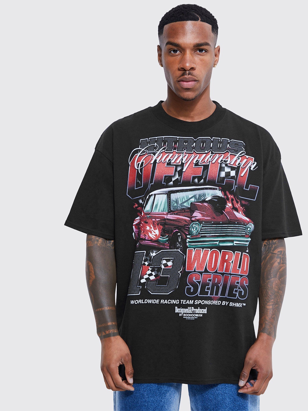 

boohooMAN Oversized Car Printed Drop-Shoulder Sleeves Pure Cotton T-shirt, Black
